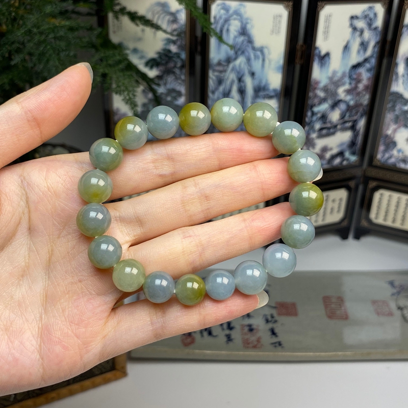 天空蓝黄翡双彩圆珠手串手链 天然翡翠A货 