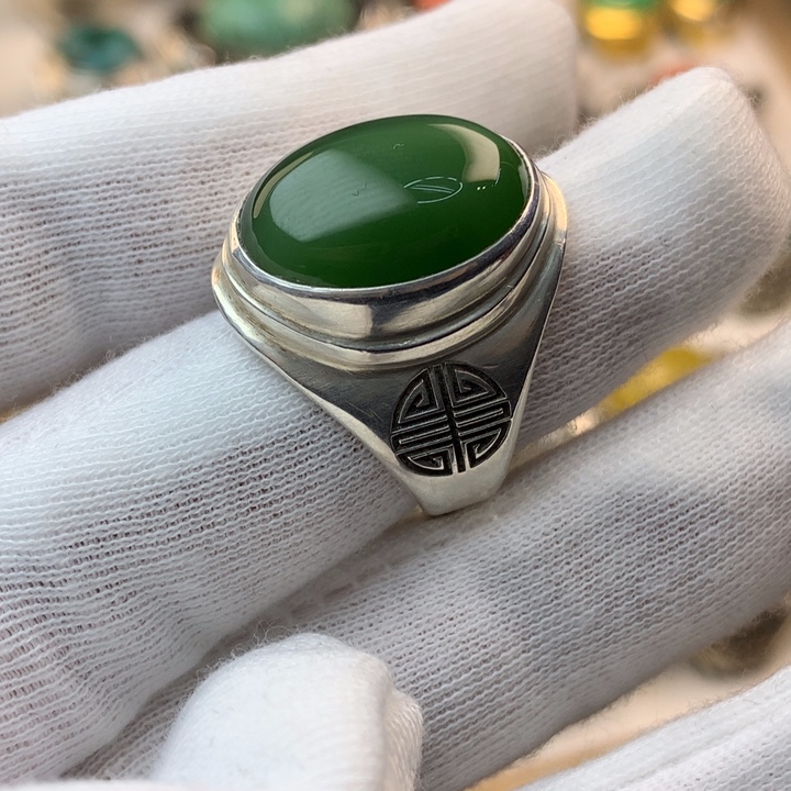 和田玉（碧玉）戒指足银镶嵌