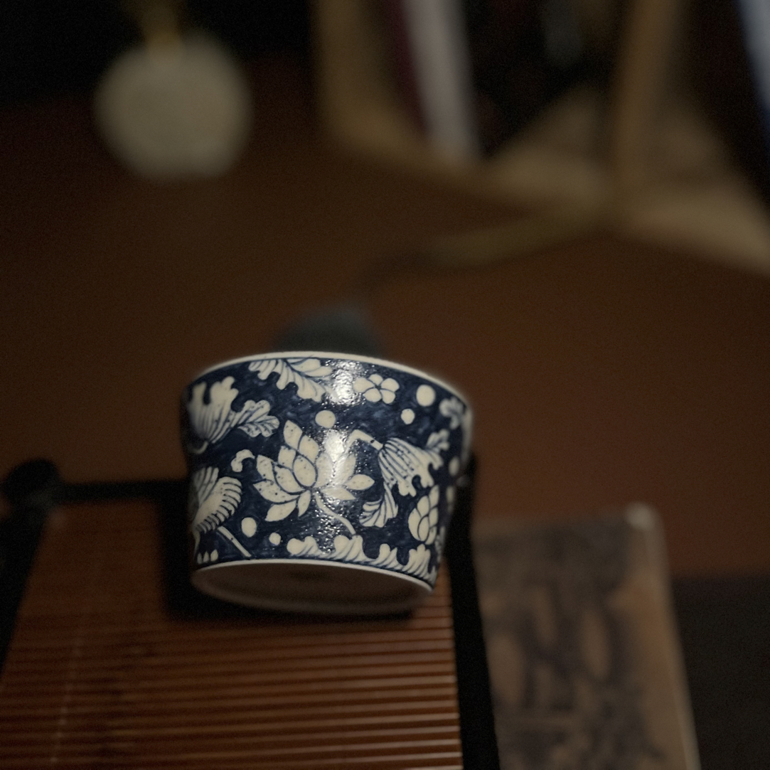 幽蓝溪堂景德镇陶瓷手工手绘仿元二号釉系列一鹭连科主人杯茶杯