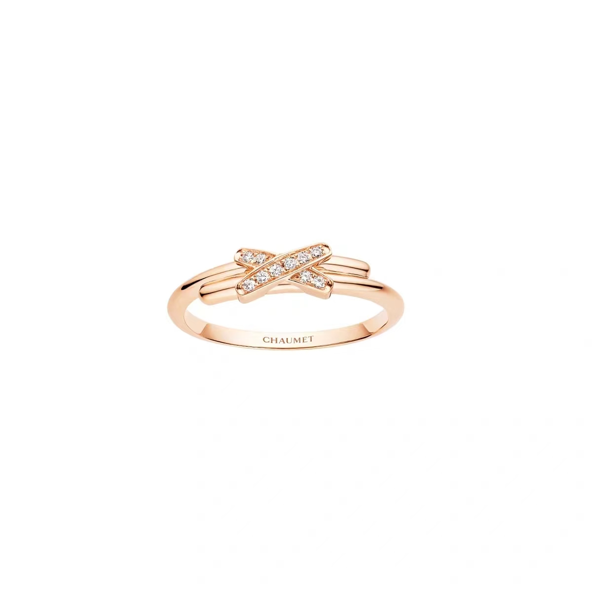 99新 Chaumet/尚美 一生欢·缘戒指玫瑰金交叉镶钻戒指指环082218
