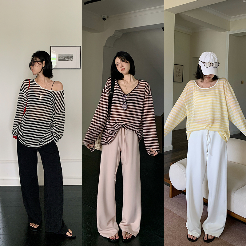 十三粥私服 通透条纹 莱赛尔经典条纹罩衫女宽松遮肉慵懒风SA0111