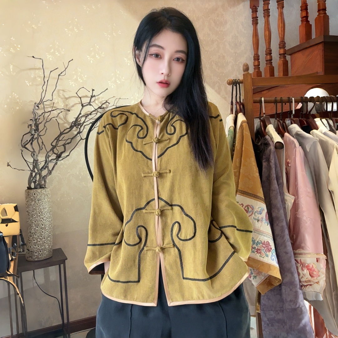 【董小姐】新中式香云纱祥云纹对襟上衣
