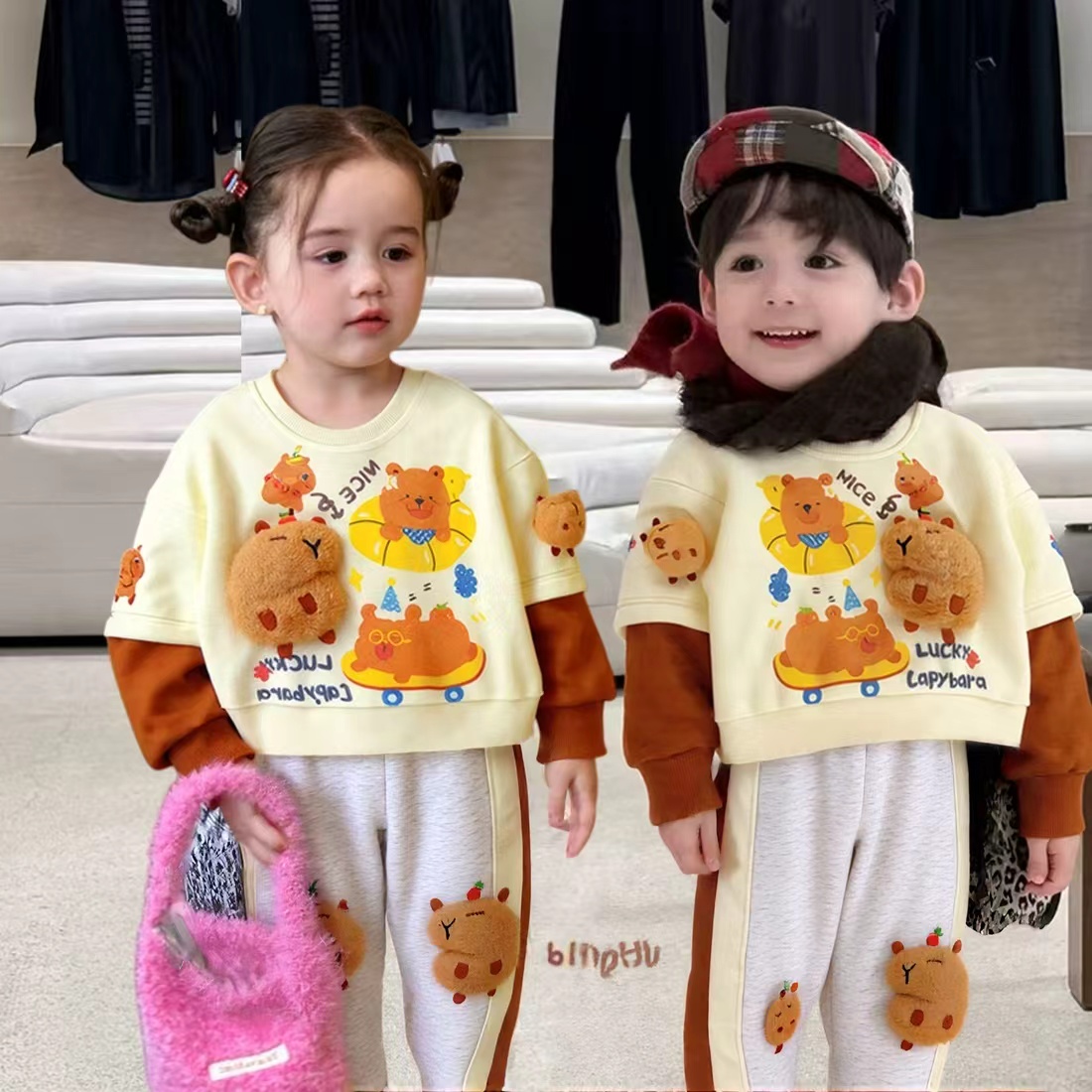 2025秋冬新款儿童套装男童小童韩版动漫涂鸦拼色加绒卫衣卫裤套装