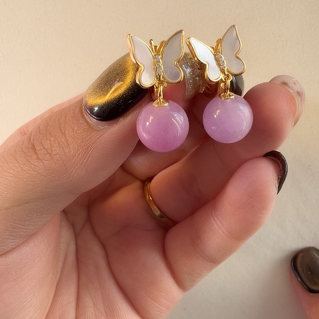 耳扣银S925镶嵌锂辉石冰紫猫眼紫锂辉圆珠耳扣蝴蝶设计