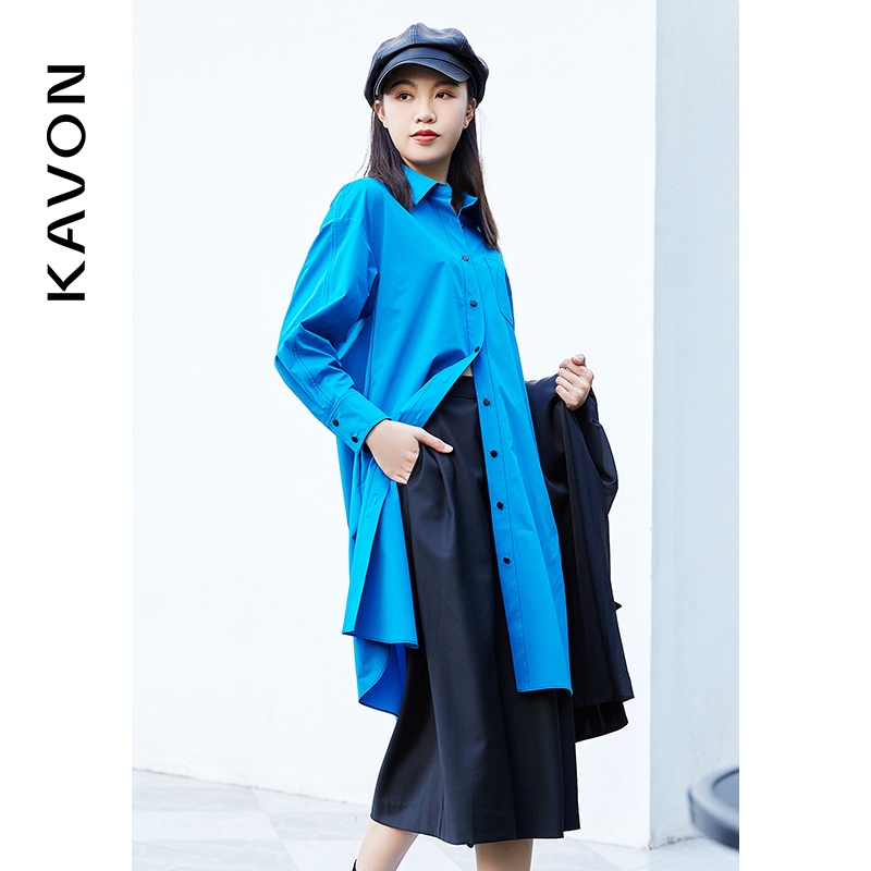 【励姐臻选】时尚清爽显白POLO领撞色纽扣长款宽松衬衫KMCD411AE