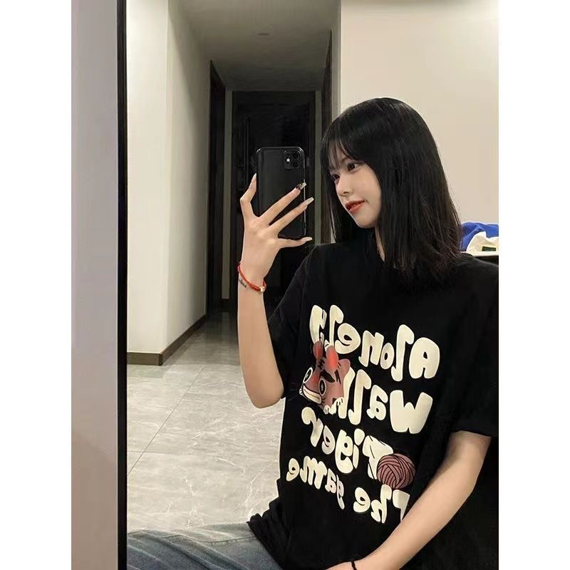 百搭黑色宽松t恤ins学生字母短袖T恤印花休闲常规
