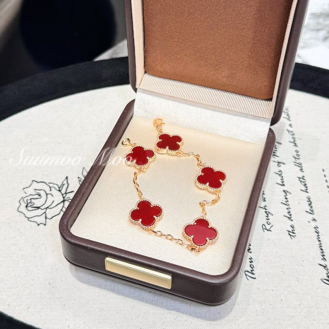 925银合成锆石手链 法式时尚玫瑰金红色幸运草花手链 925通体银