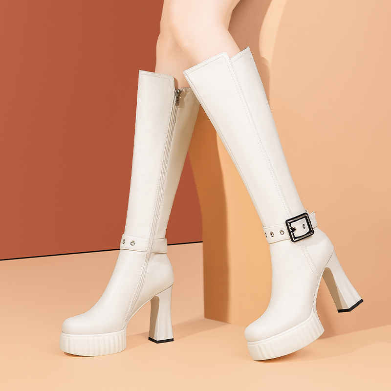 方头厚底拼接时装靴秋冬加绒小众高筒靴复古高跟瘦瘦靴长筒女靴