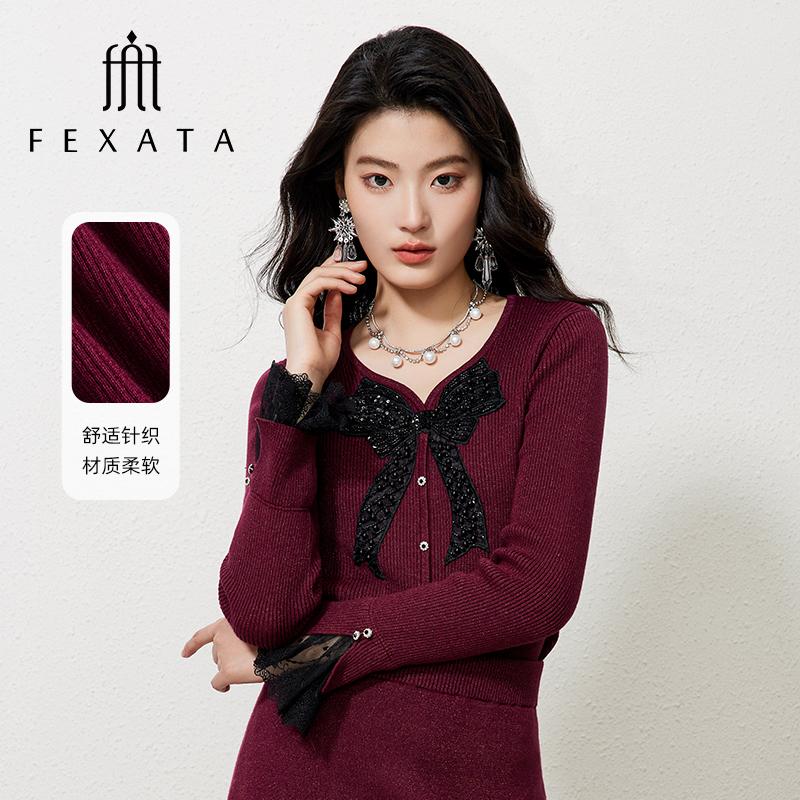 【达人专属】FEXATA斐格思蝴蝶结复古红针织衫上衣