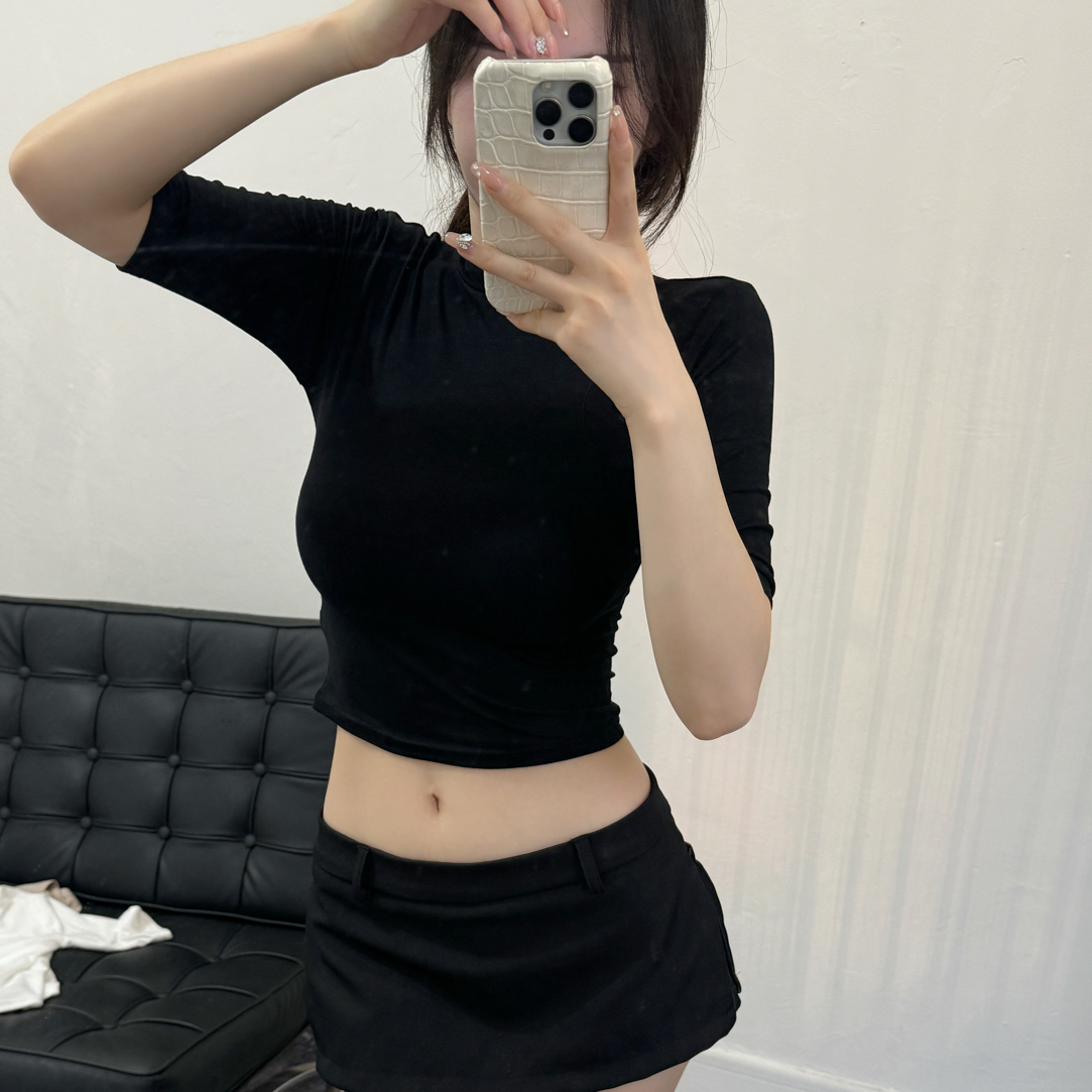 显瘦五分袖短款修身露腰女士T恤设计感圆领6795
