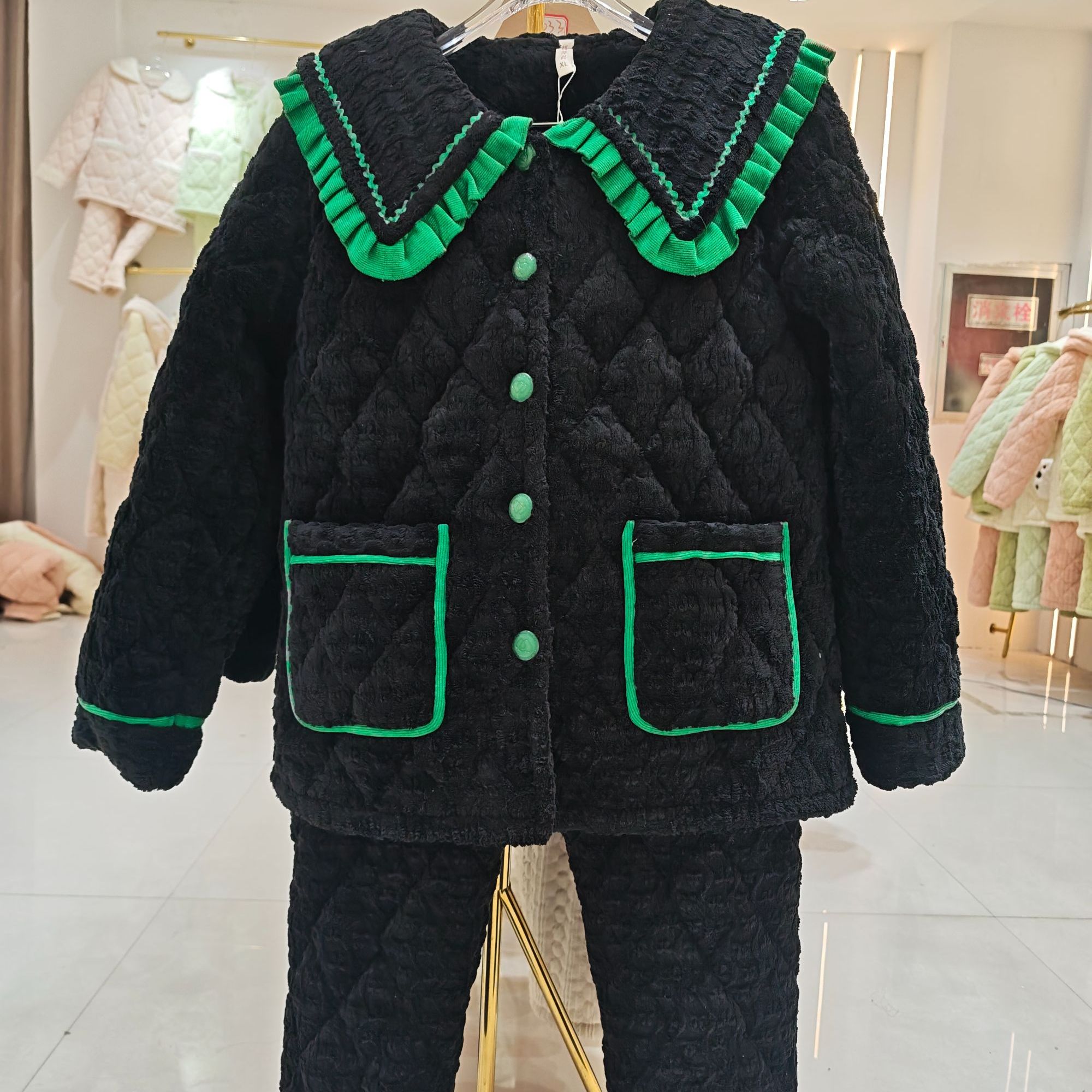 新款小香风三层加棉加厚保暖套装家居服2501-1