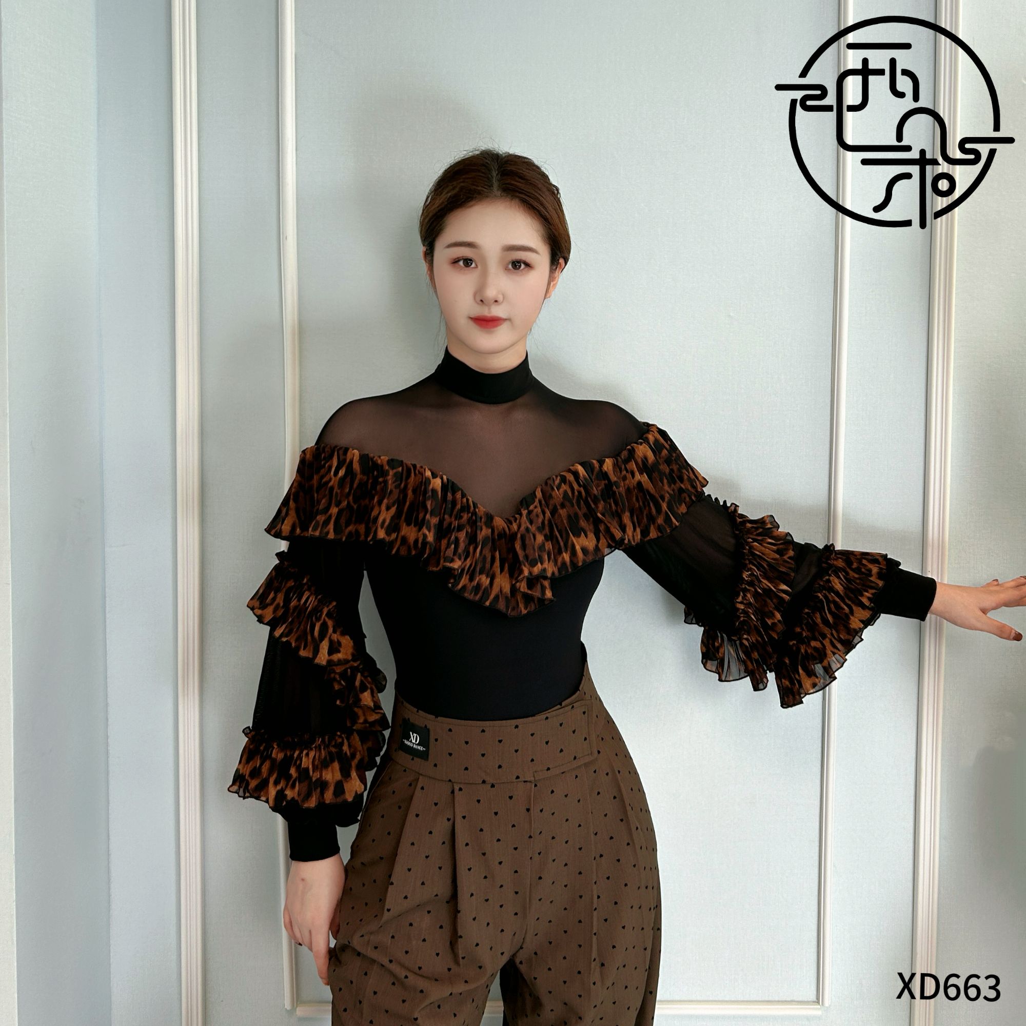 西朵舞服豹纹百褶小性感摩登舞练功服长袖新品上衣XD663