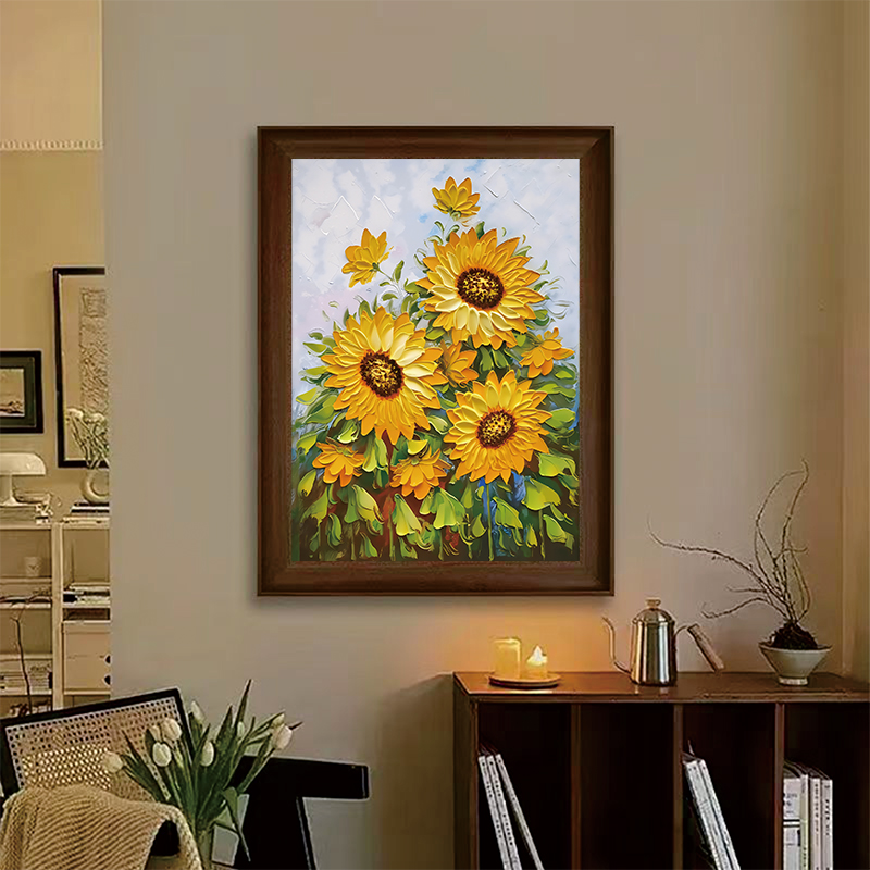 《梵高向日葵》美式复古高级客厅现代装饰画-60-80-胡桃木-HA32