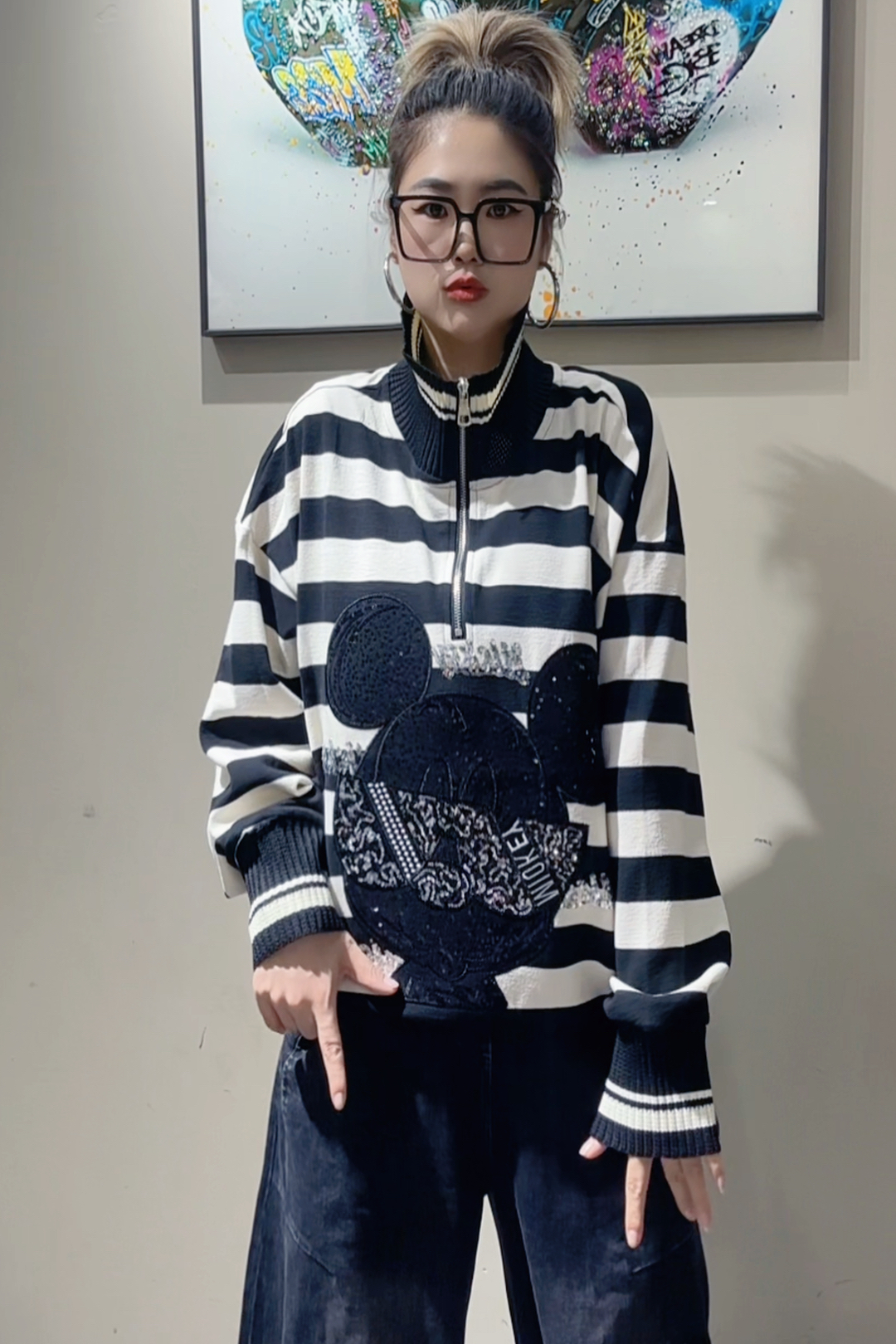 潮牌女装秋款立领条纹卫衣宽松大码短款卫衣