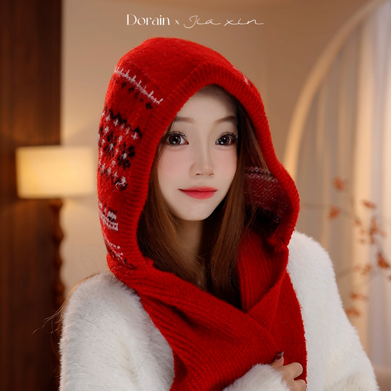 朵澜红色巴拉克拉法帽女秋冬保暖毛线帽子围巾一体连帽围脖针织帽