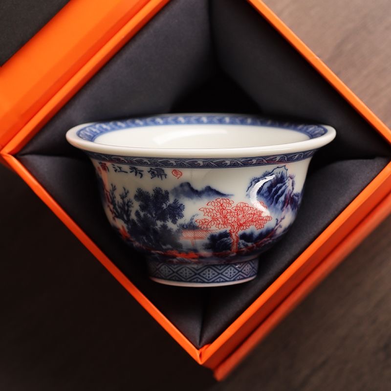青花釉里红主人杯景德镇陶瓷茶杯办公山水仿古功夫高档茶盏压手杯