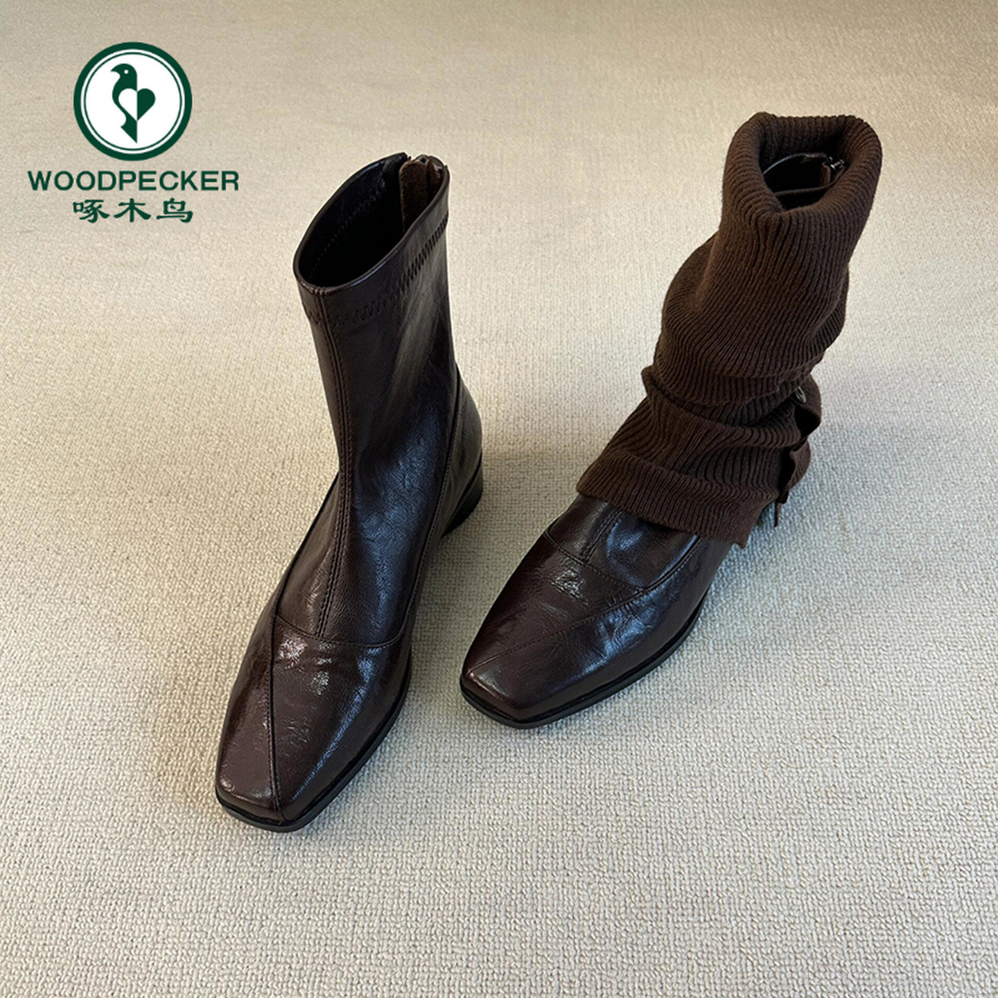 啄木鸟复古低跟瘦瘦靴后拉链方头显瘦弹力靴女百搭通勤气质短靴子
