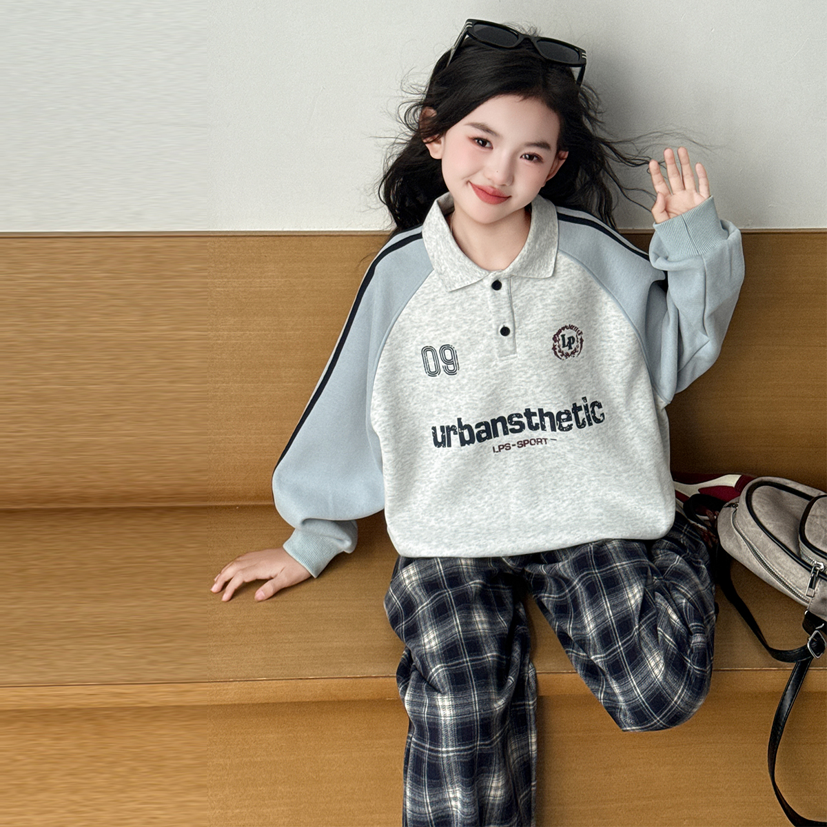 女大童春秋装套装2025新款初中生女孩polo领卫衣格子休闲裤两件套