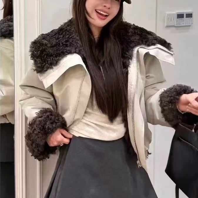 设计感韩系氛围感翻领拼接毛加棉外套25930