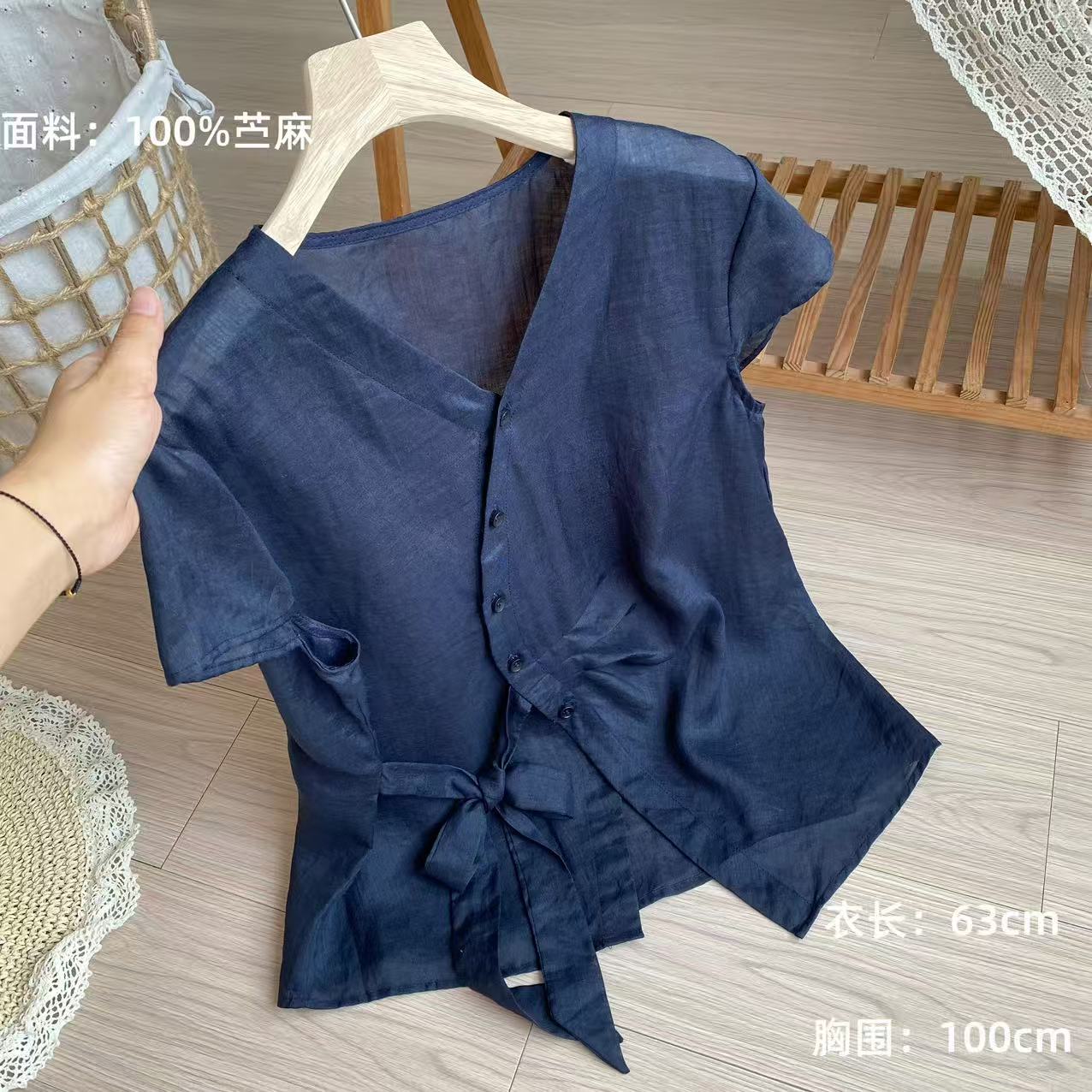 小柒家Y462-拼接常规款短袖系带设计感时尚V领休闲风衬衫