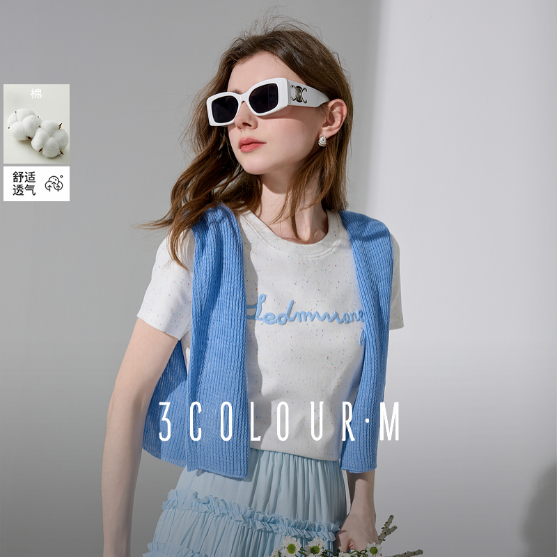 0120三彩2025夏季新款字母刺绣T恤圆领正肩短袖上衣套头衫休dbq