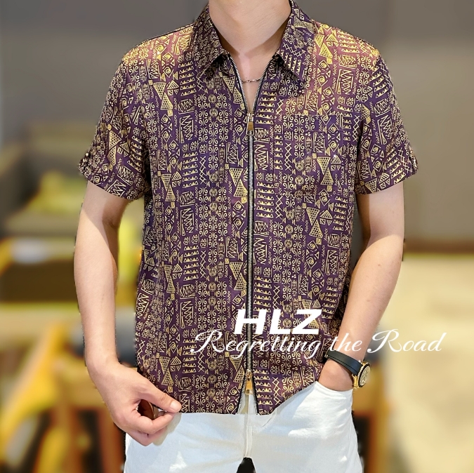 2025夏季新款男士休闲时尚定制双拉链修身印花薄款翻领短袖衬衫