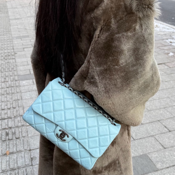 95新 Chanel/香奈儿 香奈儿 baby蓝jumbo油蜡皮链条包