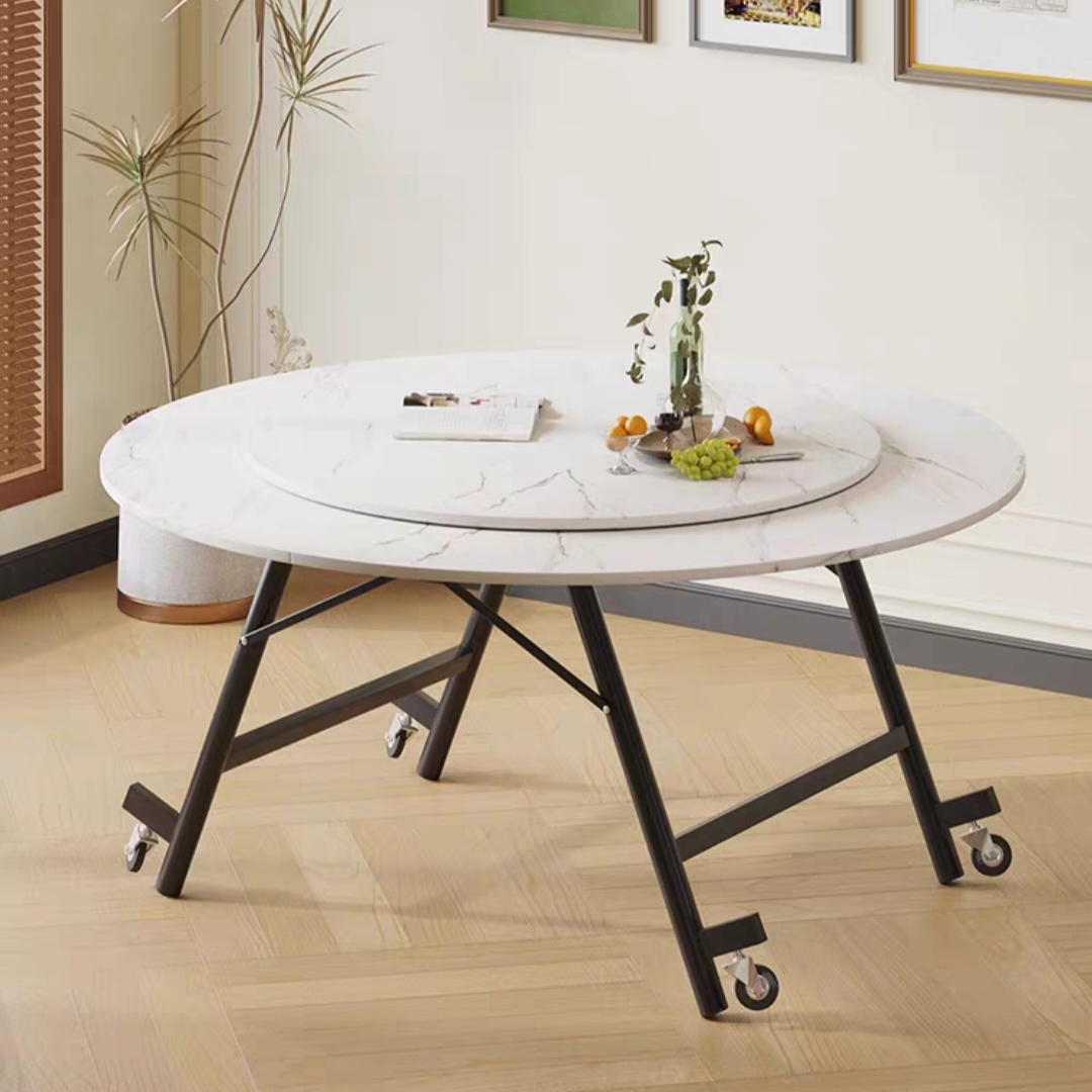 白理石色移动折叠中式折叠桌简约家用吃饭桌子大圆桌