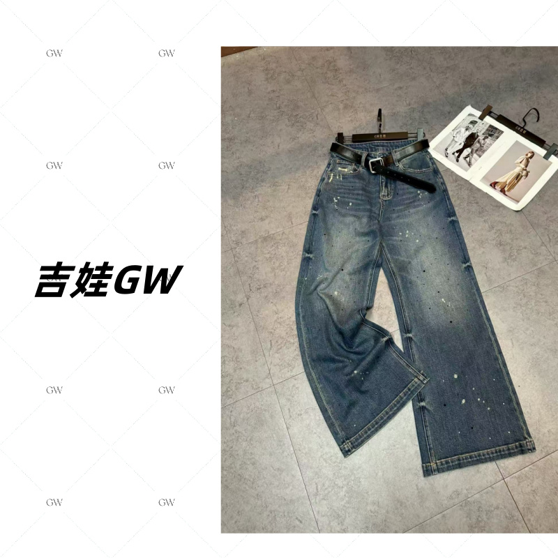 GW新款复古风百搭烫钻时尚休闲直筒裤3960