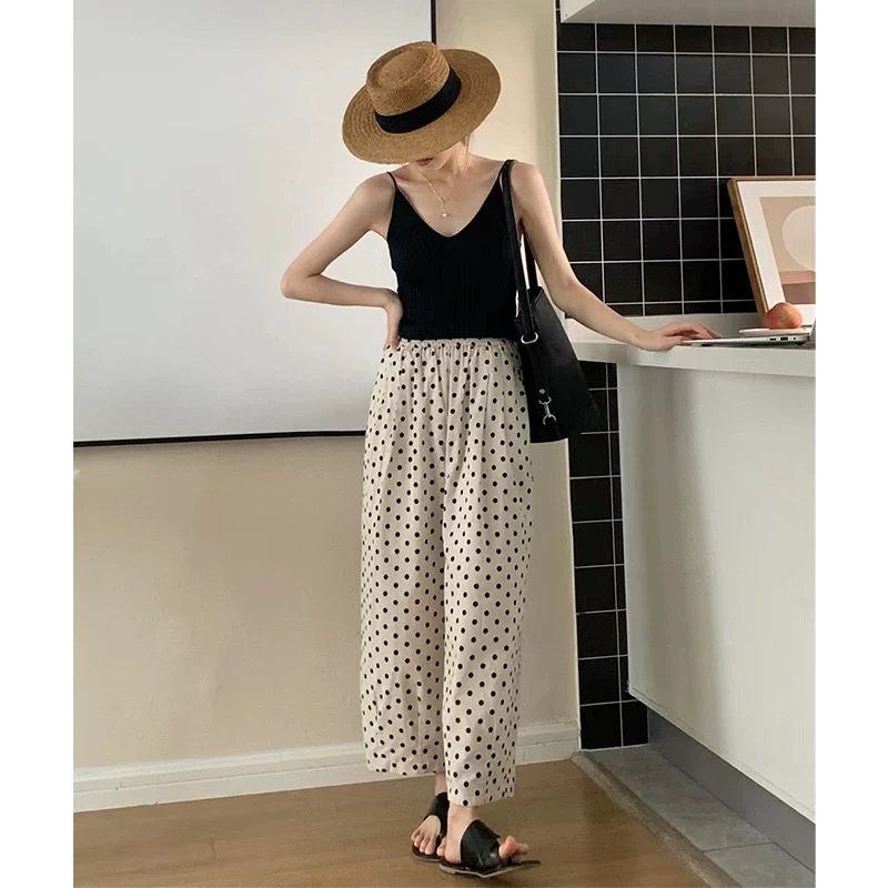 25876 麻感韩系小个子波点九分裤子