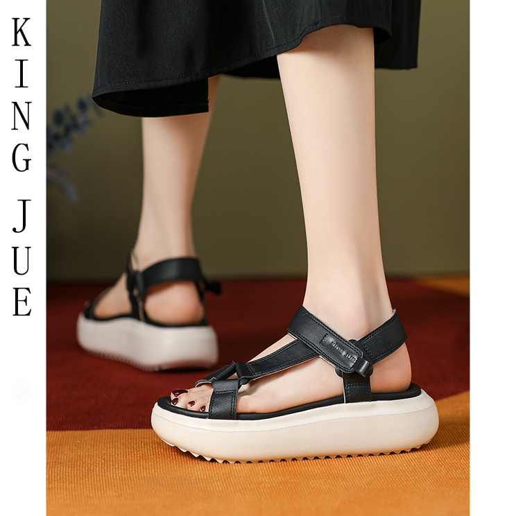 【王爵】牛皮罗马鞋/3cm跟高/夏季厚底露趾凉鞋/一字带凉鞋