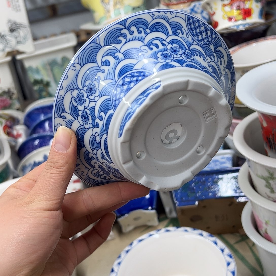 花盆紫砂182号瑕疵15/5cm仿手绘海浪花纹