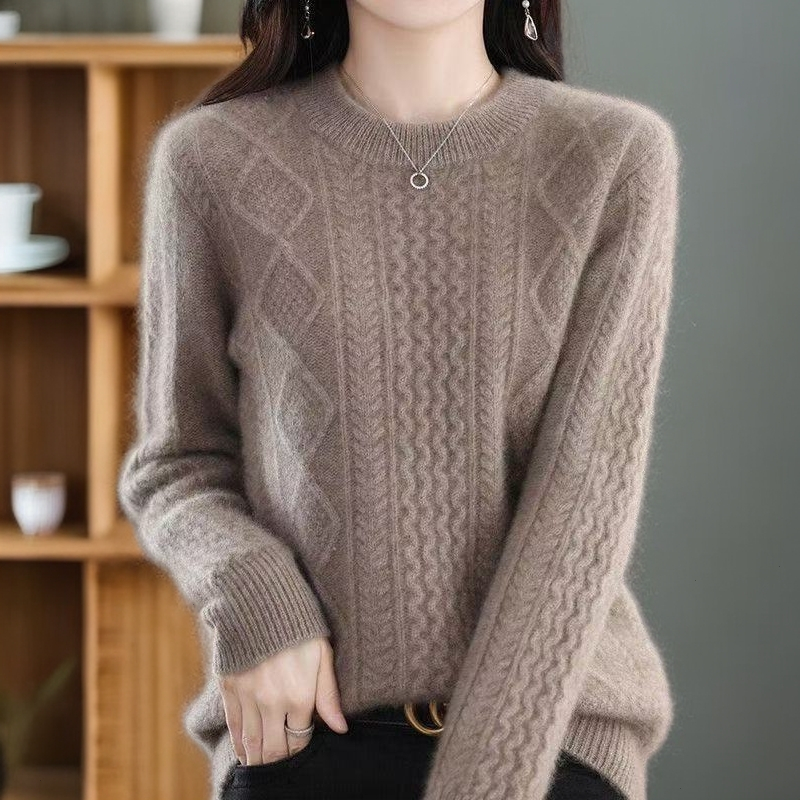 纯100羊绒衫女加厚保暖套头圆领秋冬季菱形麻花宽松显瘦针织毛衣