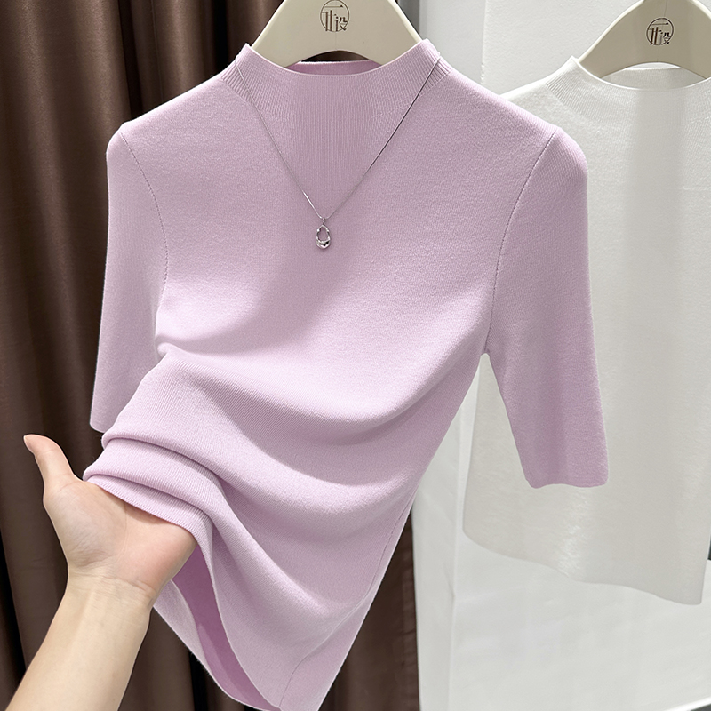 紫色高级感半高领针织上衣女洋气显瘦中袖打底衫韩版气质正肩内搭