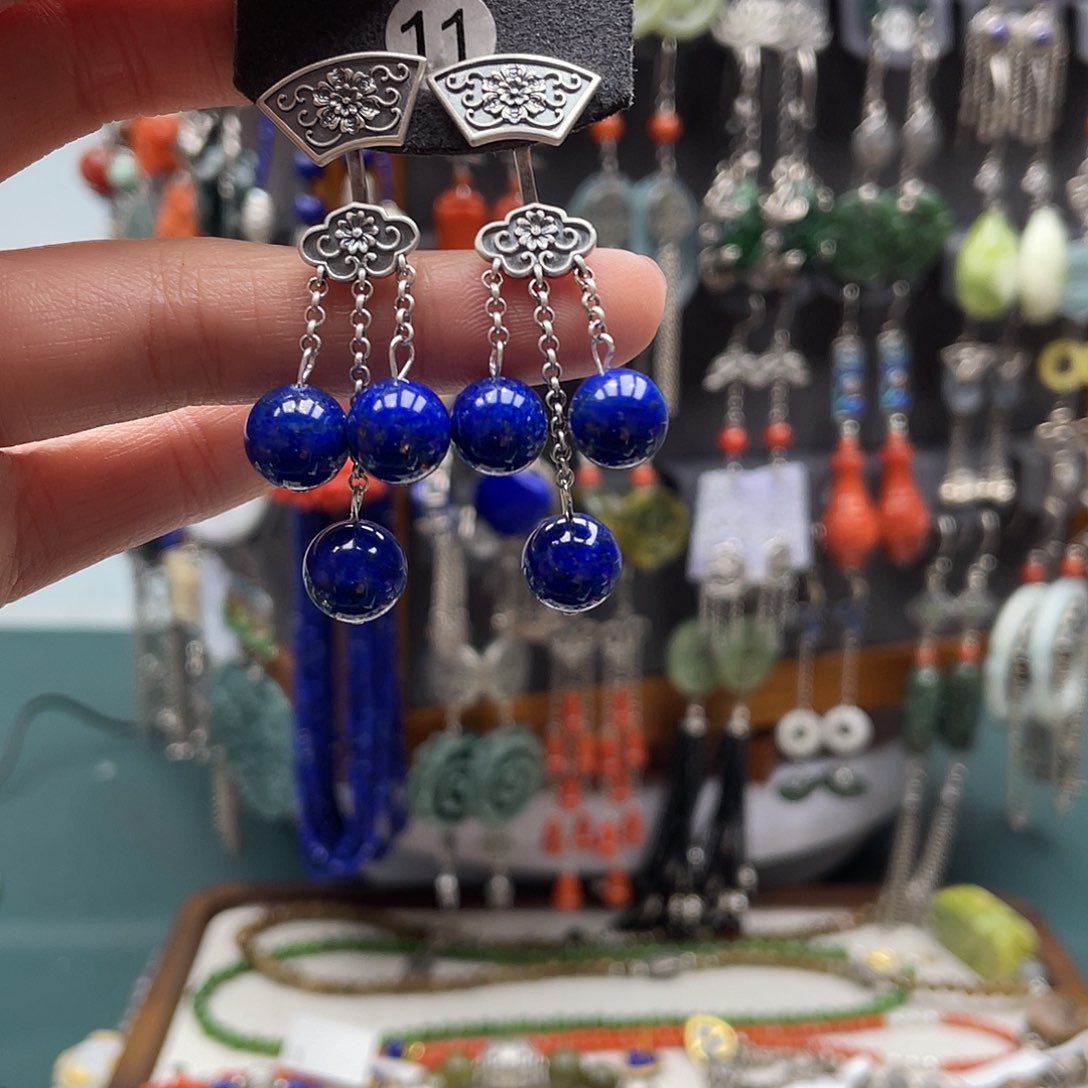 青金石耳饰银S925镶嵌小*兔饰品