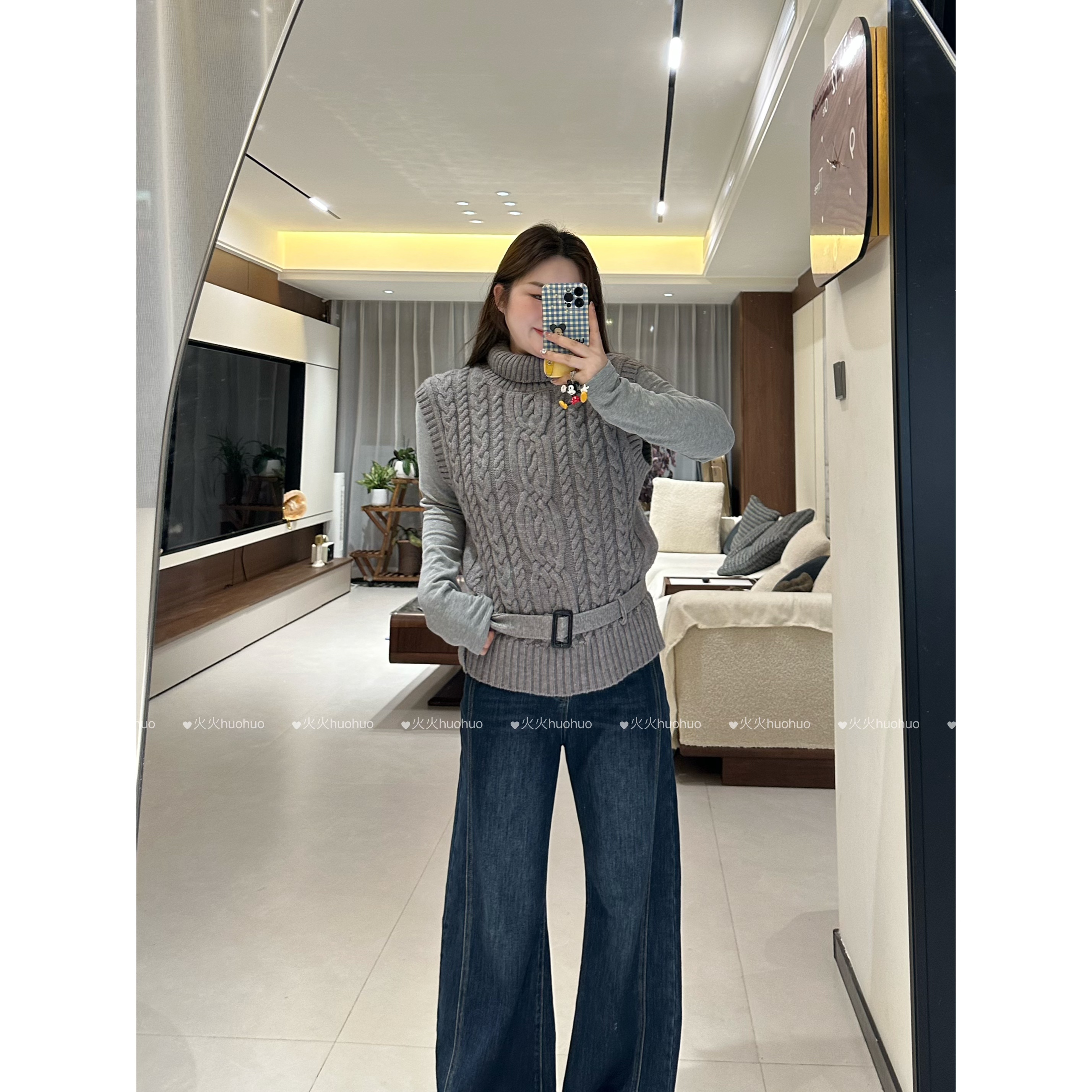 【火火】韩系高领灰色质感针织马甲打底衫女春秋毛衣设计感上衣套装