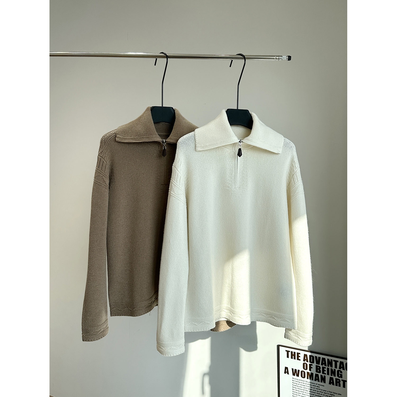 秋冬贵感老钱慵懒风100山羊绒翻领拉链款套头针织羊绒衫毛衣外套