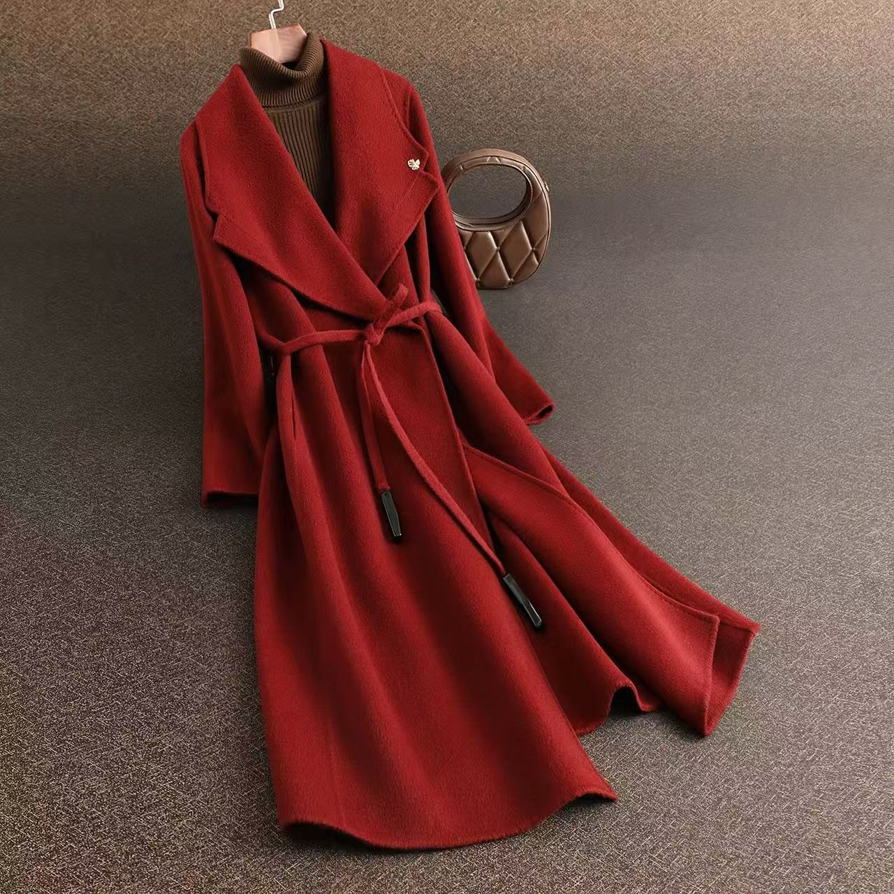 D秋冬新款高级感翻领双面大衣中长款修身显瘦外套气质百搭款-0727