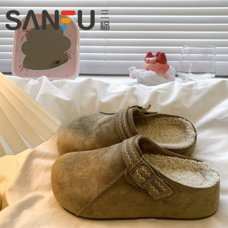 三福厚底内增高加绒勃肯鞋女秋冬外穿2025新款复古两穿包头半拖鞋