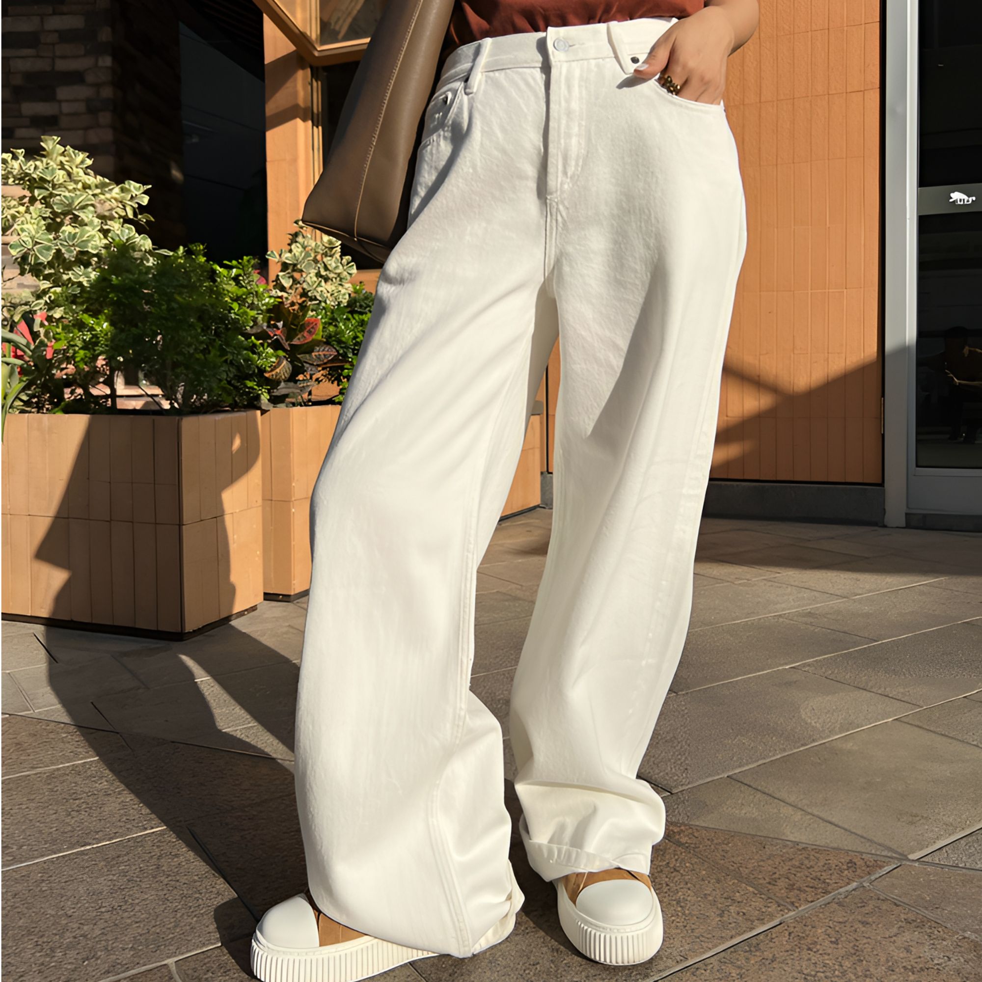 天空云朵白进口面料女士牛仔裤中低腰宽松百搭休闲裤阔腿裤