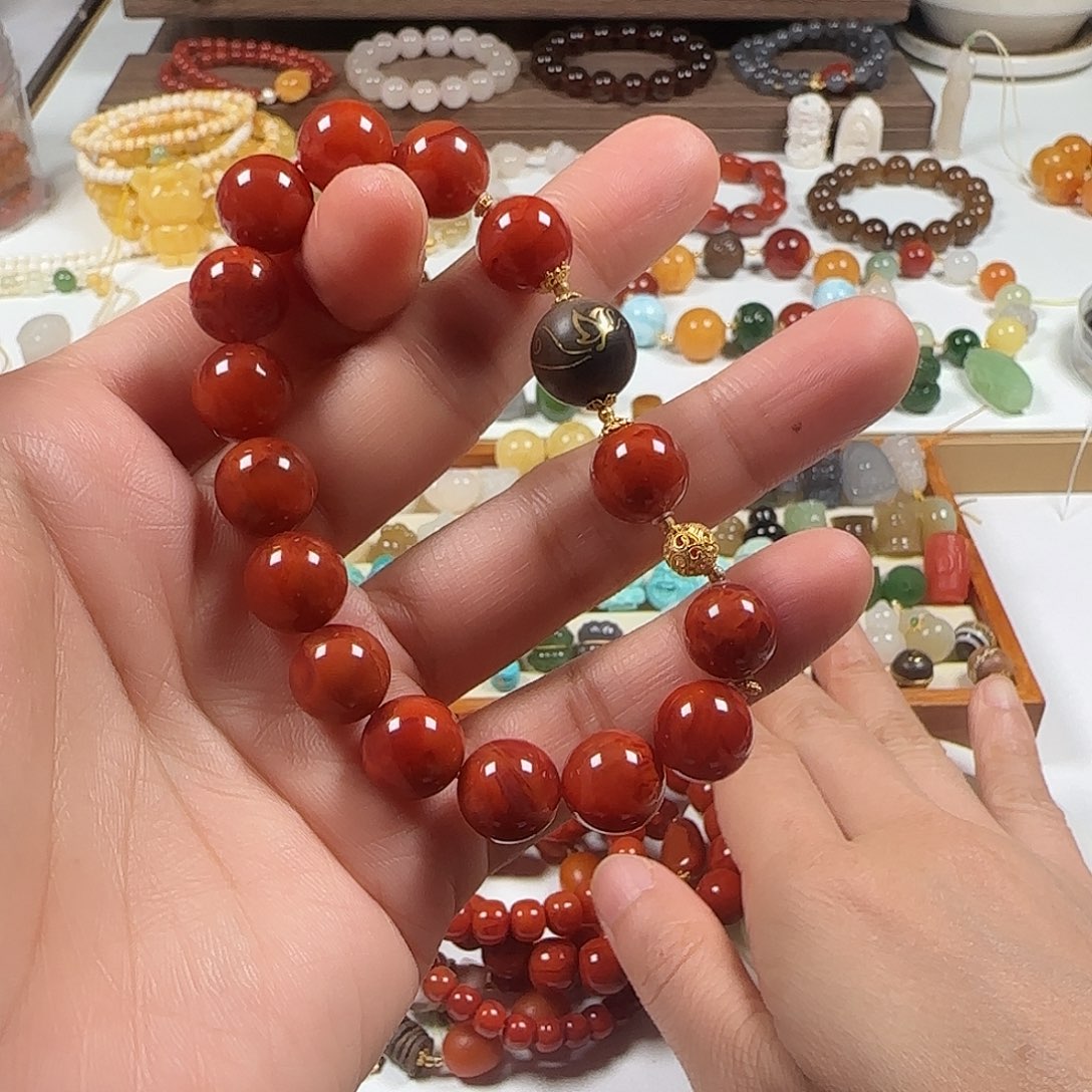 南红玛瑙18K金镶嵌手链南红手串