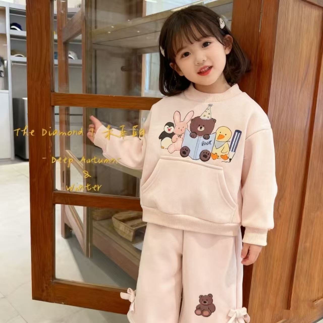 [加绒加厚]女童冬装新款韩系卡通保暖卫衣直筒裤时尚可爱甜美套装