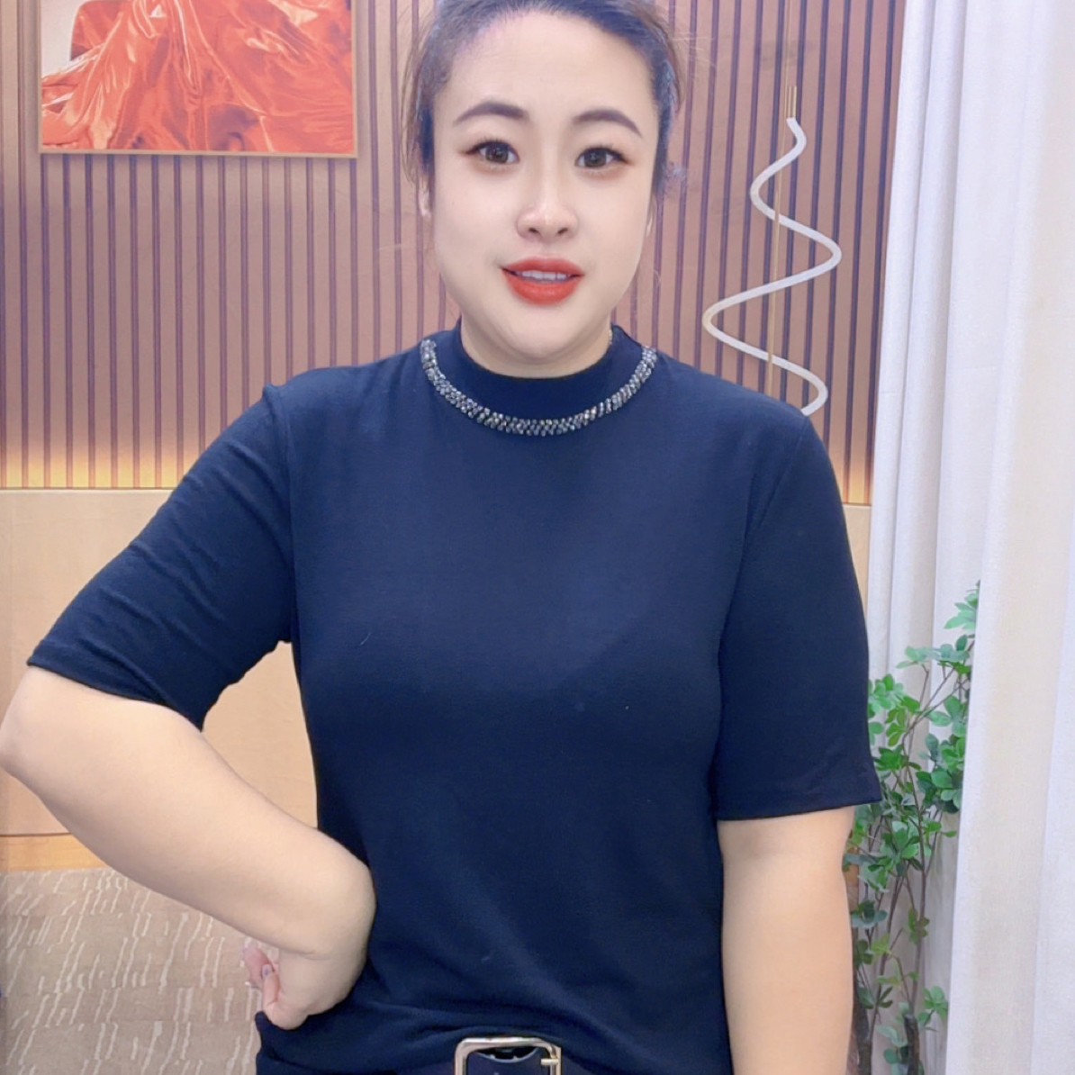 新款早秋68332常规款圆领显瘦遮肉常规中袖短袖T恤半袖套百搭