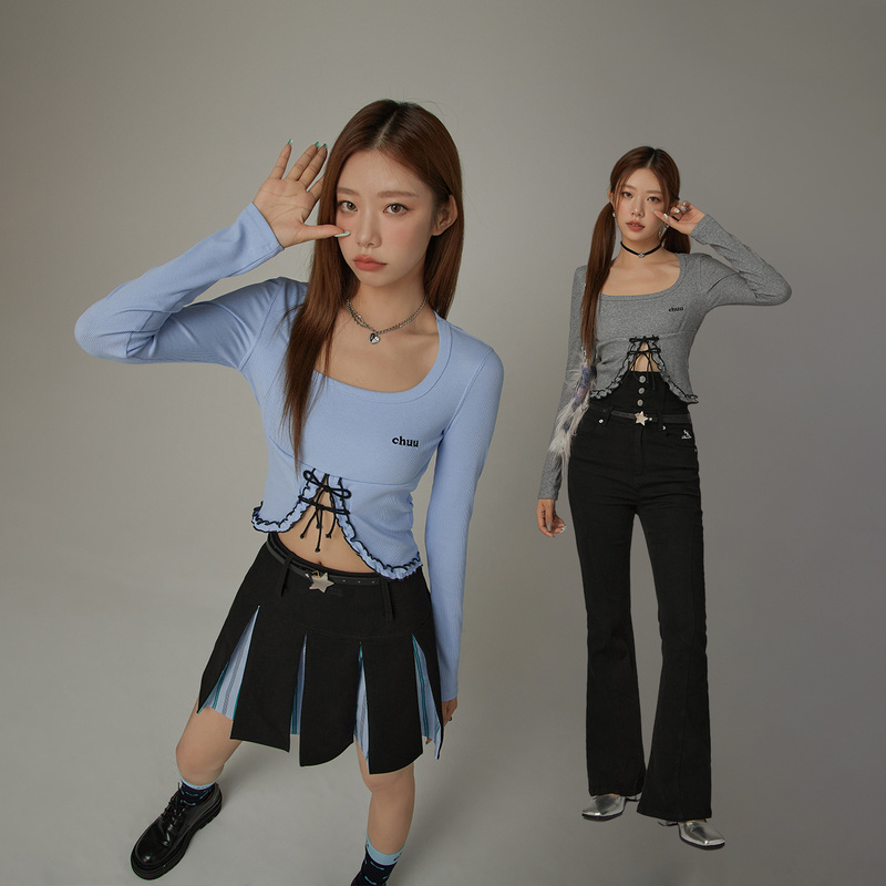 【达人专属】CHUU字母绣花系带设计甜辣木耳边拼接感显瘦T恤-Q