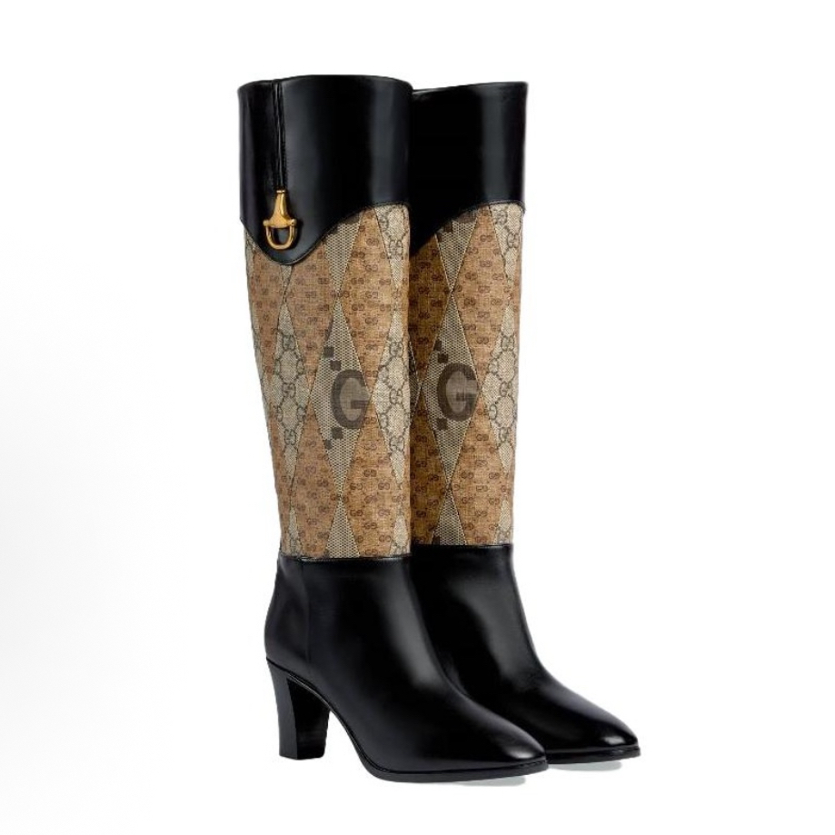 未使用 GUCCI/古驰 全新 黑棕老花长筒靴古驰女靴满印细跟 多尺码