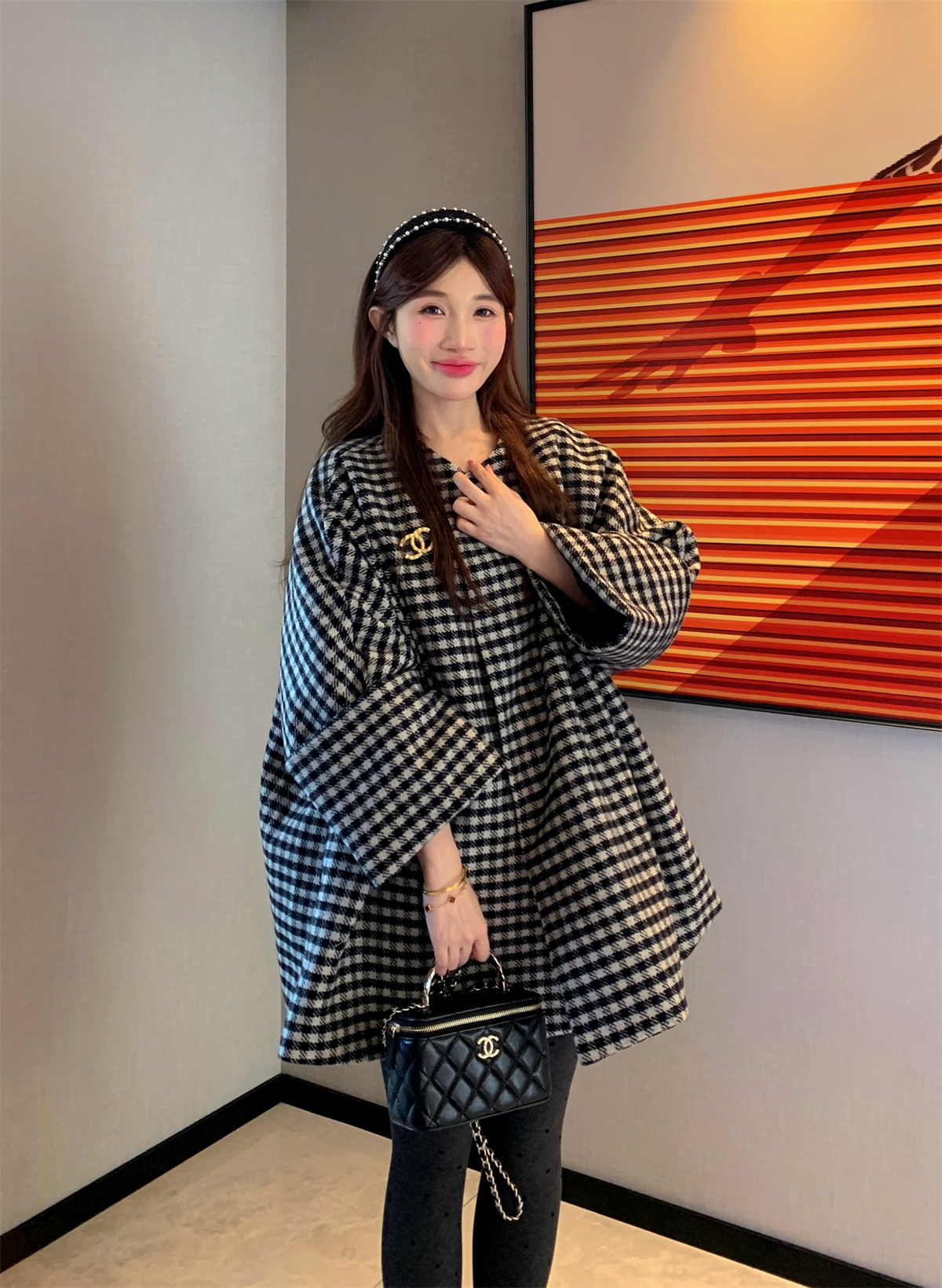 JENNIFER JXLIU小香风千鸟格黑白格毛呢A字型娃娃款斗篷羽绒外套