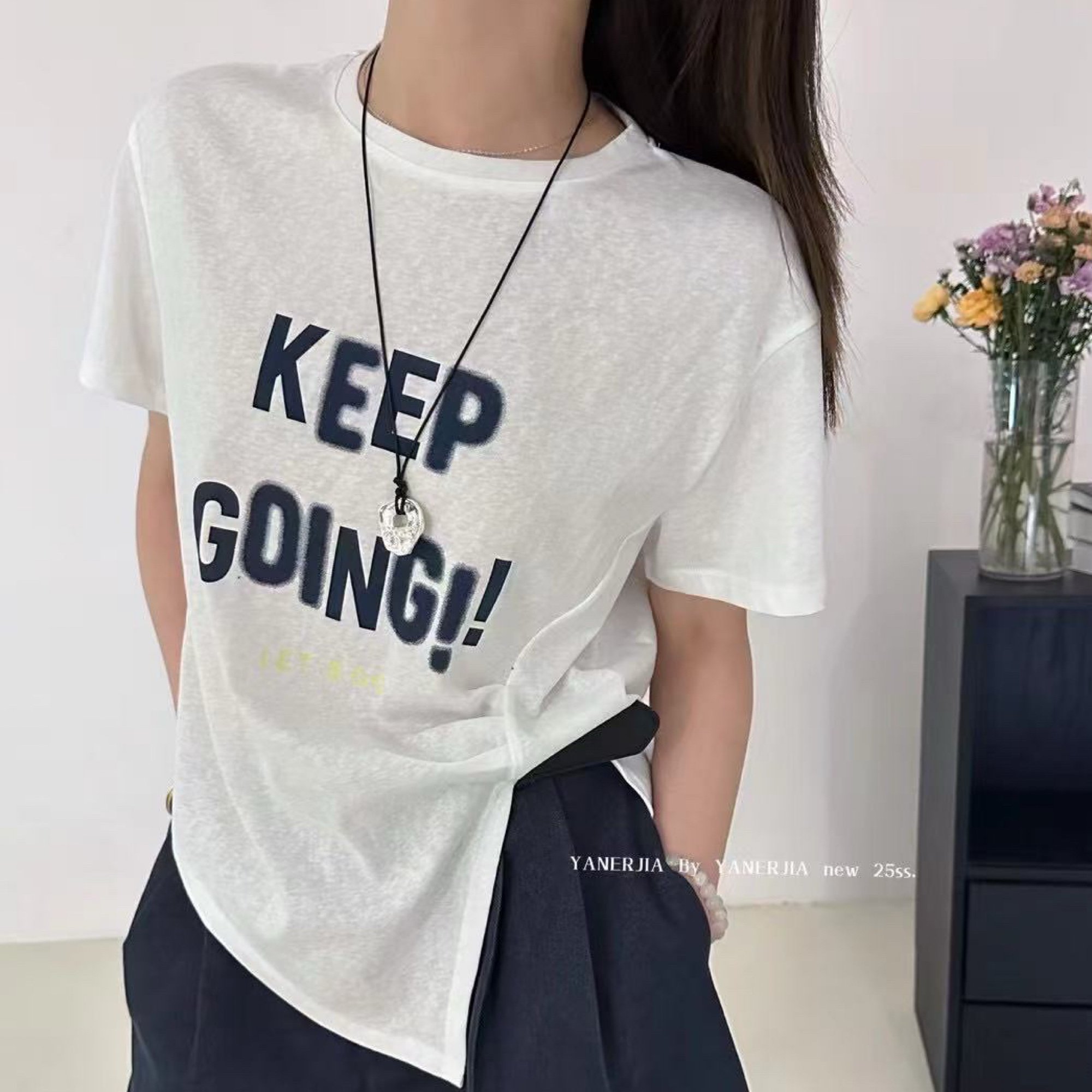 2025夏季新款时尚百搭短袖圆领显瘦设计感不规则 T恤