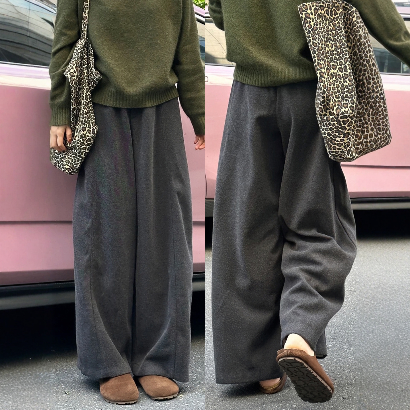 慵懒风松弛感灰色毛呢裤女秋冬加绒加厚胖mm宽松显瘦休闲阔腿裤子
