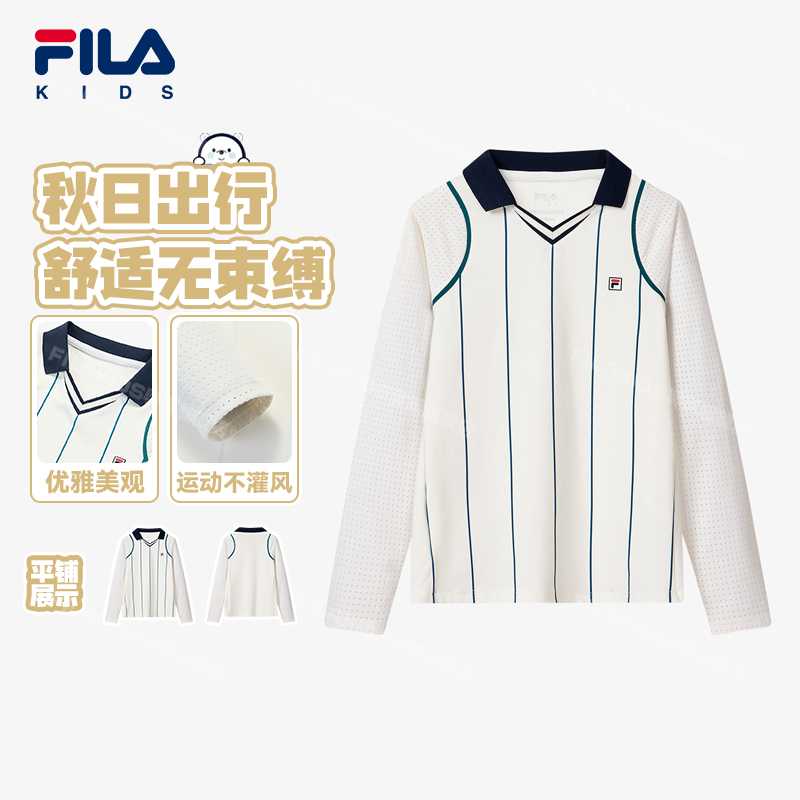 FILAKIDS长T女童长袖运动时尚女士条纹翻领百搭撞色K12G433108
