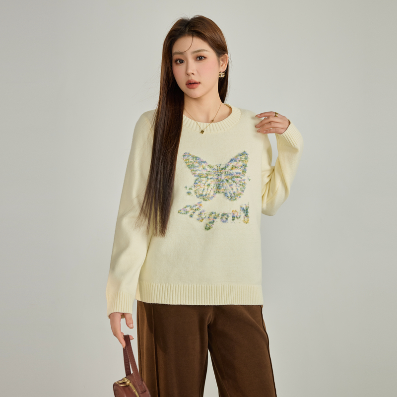 采多宝大码女装胖mm秋冬新款圆领彩色蝴蝶提花毛衣 DDMY2227
